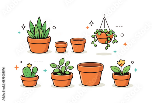 Calm Terracotta Decor. Set of terracotta plant pots. A curated selection of clay pots with and without plants, suggesting versatility and natural home decor.