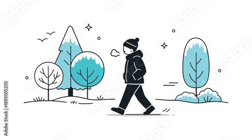 Chilly Morning Walk. Chilly morning with nature elements. Abstract trees with frosted edges, person walking with hands in pockets. Stillness and clarity of
