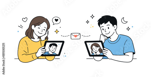 Virtual Love Connection. Online relationship conversation. A couple smiling while video chatting on tablets, expressing closeness despite physical distance.