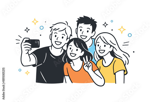 Joyful Selfie Moment. Friends taking selfies. A group of friends posing closely together, smiling at a phone held out in front. Joyful social energy, shared