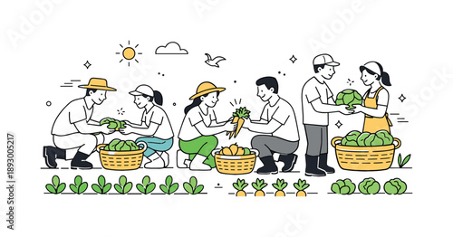 Community Vegetable Harvest. People harvesting vegetables together. Adults working side by side in rows of plants, gently passing vegetables into baskets.