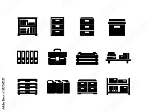 Office Storage Icons. Office storage. Solid icon set of office storage: bookshelf, filing cabinet, drawer unit, archive box, binder row, document case, storage