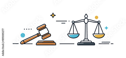 Minimalist Legal Symbols. Court and Law Symbol. A minimal composition with a judge?s gavel and scales arranged neatly, supported by abstract lines and dots.