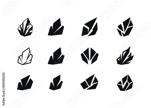 Geometric Shard Logos. Shard. Icon set. Set Logo of shard: angular broken edge. harmonious logo variations of the same emblematic concept, each with different