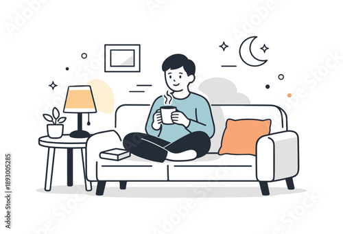 Evening Relaxation Scene. Evening relaxation at home. A person sitting on a couch with a warm drink, dim lamp beside and soft shadows in the background. Calm,