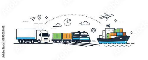 Multimodal Logistics Harmony. Multimodal freight transportation. Trucks, trains, and ships appear together, showing coordinated logistics and supply chain