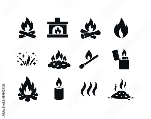 Warm Fire Icons. Warm Fire. Solid icon set of Warm Fire: campfire flames, fireplace, burning logs, flame icon, fire sparks, charcoal embers, matchstick lit,