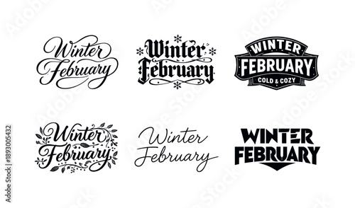 February Lettering Styles. Winter February lettering. Set lettering. harmonious lettering variations of the same emblematic concept, each with different