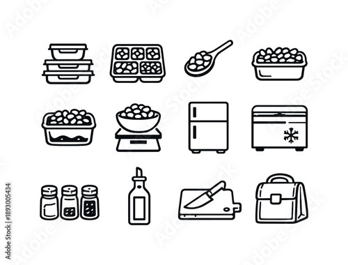 Bean Meal Prep Icons. Bean Meal Prep. Line icon set of Bean Meal Prep: meal prep containers, beans portioned, spoon scooping, bean salad box, bean chili