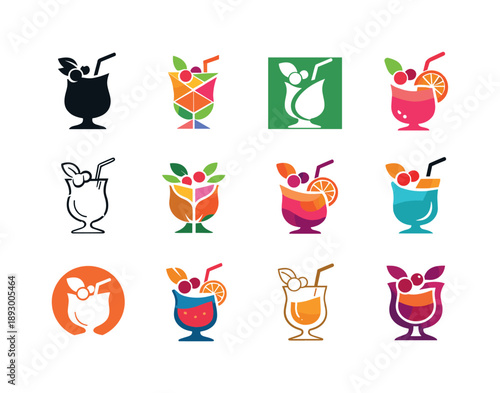 Party Drink Icons. party drinks. Icon set. Set Logo of party drinks: fruity mocktail glass. harmonious logo variations of the same emblematic concept, each