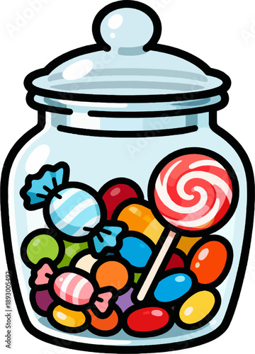 Vibrant Lollipop Gumballs Candy Jar Vector, Cartoon Rainbow Sweets Full Glass Jar