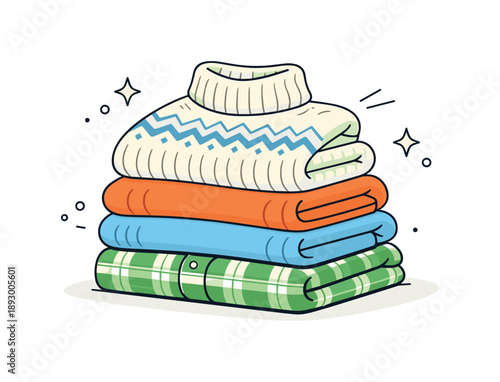 Cozy Winter Essentials. Folded warm clothes for winter. Cozy sweaters and long-sleeve garments stacked neatly, symbolizing comfort, warmth, and seasonal order.
