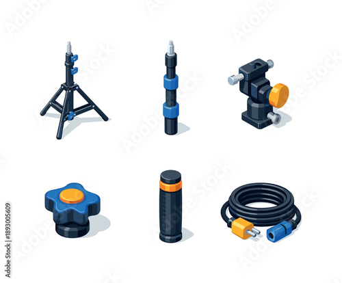 Studio Gear Icons. Studio Gear. Isometric flat vector icons set of Studio Gear: heavy-duty light stand, double-braced legs, extension column, tilt head mount,
