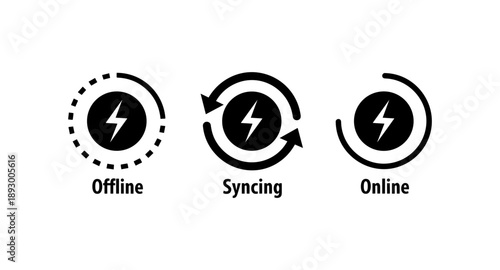 Icons representing offline, syncing, and online status with a lightning bolt symbol
