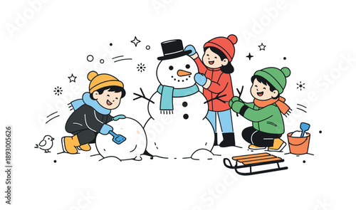 Joyful Snowman Building. Building a snowman winter play. Children laughing and shaping snow with simple tools. Spontaneous fun and seasonal playfulness.