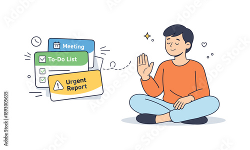 Politely Guarding Boundaries. Saying no to protect personal time. A friendly scene where a person politely gestures ?no? to overlapping task cards, maintaining