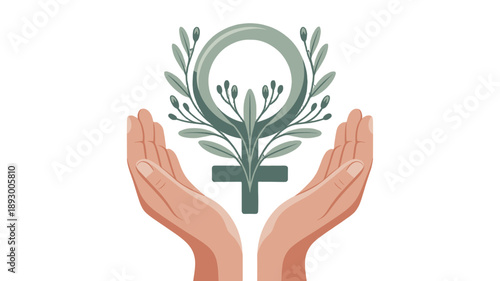 Symbolic artwork with hands cupping a botanical female symbol, representing feminism and empowerment.