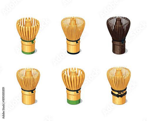 Colorful Whisk Collection. Whisk Types. Isometric flat vector icons set of Whisk Types: thick tine matcha whisk, fine tine ceremonial whisk, dark bamboo whisk,