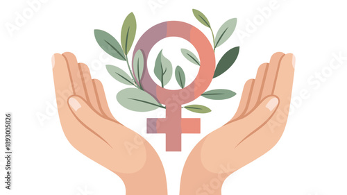 A depiction of two hands cupping a stylized female symbol adorned with leaves, symbolizing care and empowerment.