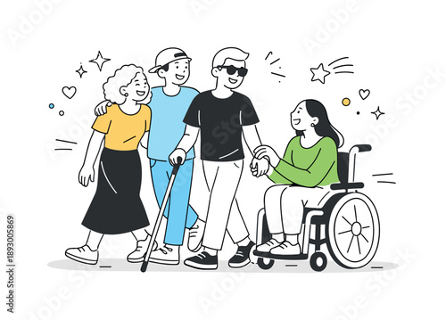 Joyful Inclusive Friendship. Inclusive friendship moment. Mixed group laughing or walking side by side, showing joy and comfort in each other?s company. Soft