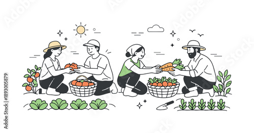Community Vegetable Harvest. People harvesting vegetables together. Adults working side by side in rows of plants, gently passing vegetables into baskets.