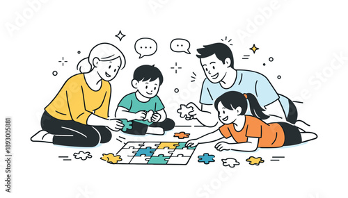 Family Puzzle Time. Family doing puzzle together. Parents and children searching for matching pieces, relaxed conversation and cooperative family time.
