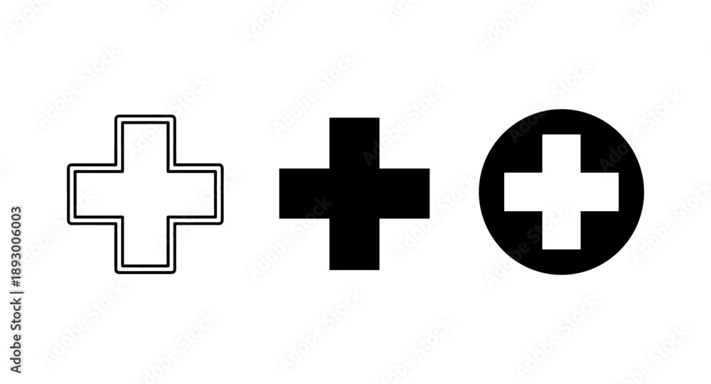 Fototapeta premium Collection of three plus symbols in different styles: outline, solid, and within a circle
