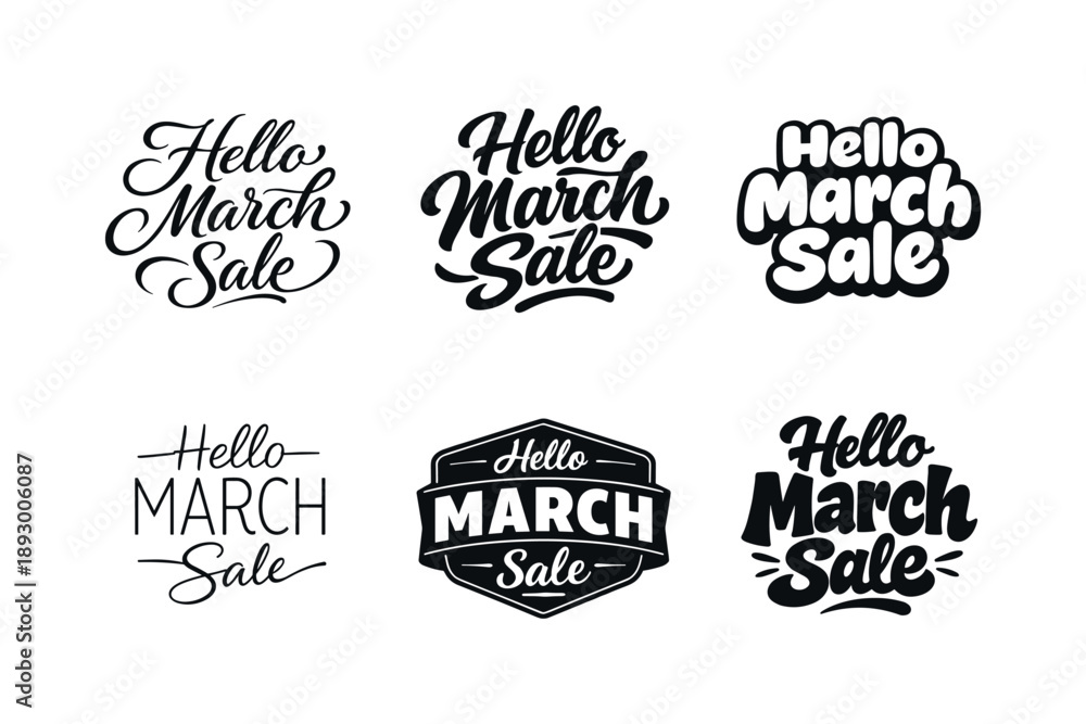Fototapeta premium March Sale Lettering Grid. Hello March Sale. Set lettering. harmonious lettering variations of the same emblematic concept, each with different artistic