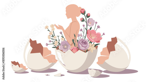 A woman silhouette blossoming from an eggshell filled with flowers, symbolizes rebirth, growth, and renewal.