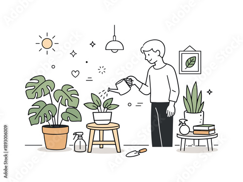 Mindful Plant Care. Plant care lifestyle scene. A person gently watering houseplants in a bright room, creating a calm routine of daily care and mindful