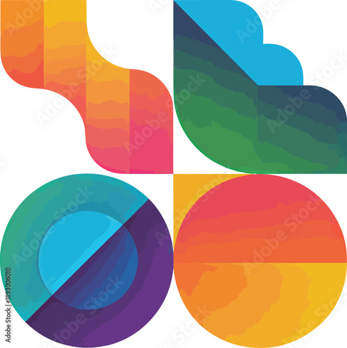 Colorful Geometric Vector Grid Featuring Abstract Ribbon, Cloud, Circle, and Semi-Circle Designs with Vibrant Gradient Bands.