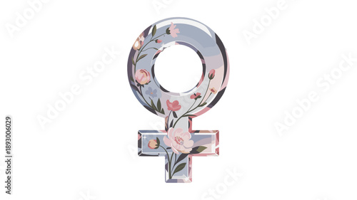 An artistic illustration of the female gender symbol decorated with delicate floral arrangements.