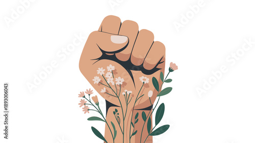 Hand clenched, symbol of strength, rising up with flowers.