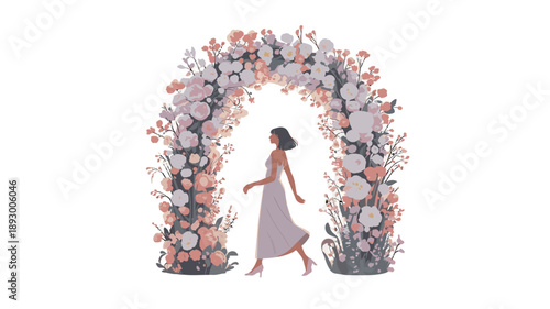 A woman is happily walking through a beautiful floral archway.