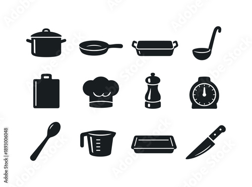 Holiday Cooking Essentials. Holiday cooking essentials. Solid icon set of holiday cooking essentials: stockpot, skillet, roasting pan, gravy ladle, cutting