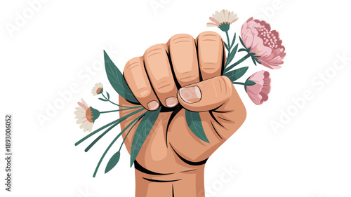 A fist holding beautiful flowers in a symbolic gesture of strength and nature.