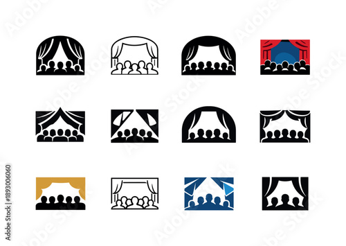 Theater Logo Variations. Theater performance. Icon set. Set Logo of theater performance: audience silhouette viewing stage. harmonious logo variations of the