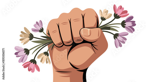 A clenched fist holding delicate flowers, symbolizing strength and tenderness.