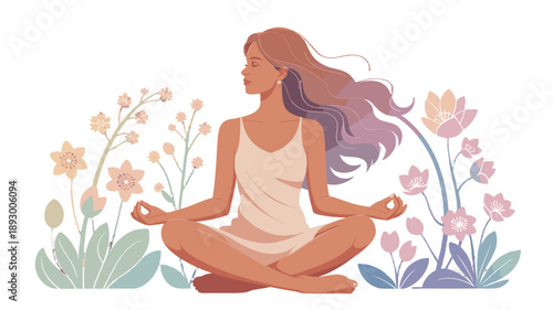 A woman finds peace in meditation surrounded by blooming flowers.