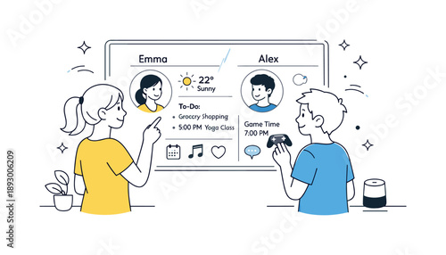 Interactive Smart Mirror. Smart mirrors and interactive home tech family use. A friendly home scene with two family members using a shared smart mirror that