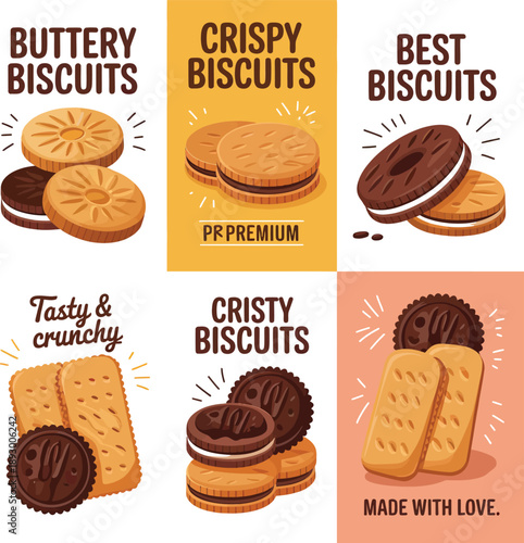 Vector collage of assorted biscuits featuring buttery, crispy, chocolate-filled treats in colorful illustrated packaging panels.