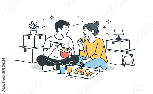 First Evening Together. First evening together at home. A couple sitting on the floor with boxes around, sharing food and talking quietly. Warm feeling of