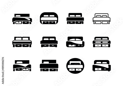 Under-Bed Storage Icons. Using under-bed storage for extra clothes or bedding. Icon set. Set Logo of Using under-bed storage for extra clothes or bedding: