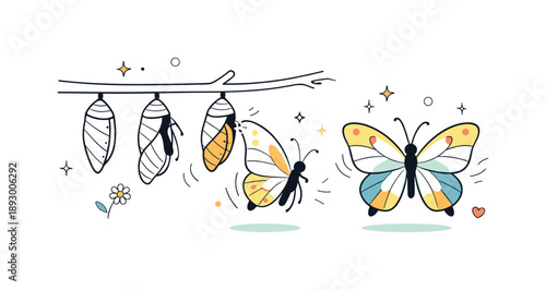 Butterflies Transforming Elegance. Butterflies emerging from cocoons. Clean editorial illustration showing the moment of transformation, delicate wings opening
