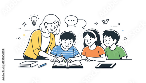 Collaborative Classroom Scene. Teacher and students collaboration. Teacher helping a small group of students with an assignment. Friendly guidance