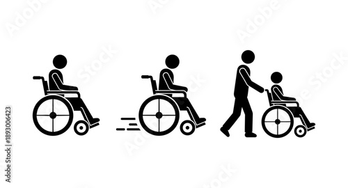 Set of icons showing people in wheelchairs, one moving fast and one being pushed
