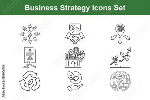 Business Strategy Icons Set for Growth, Planning, Finance, and Corporate Development