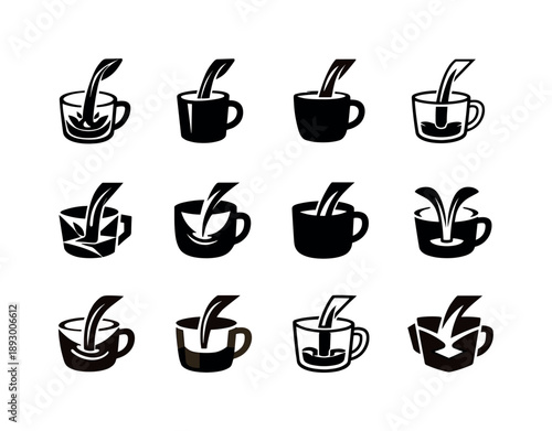 Coffee Logo Variations. Pouring coffee into a mug. Icon set. Set Logo of pouring coffee into a mug: close-up stream of coffee hitting mug base. harmonious logo