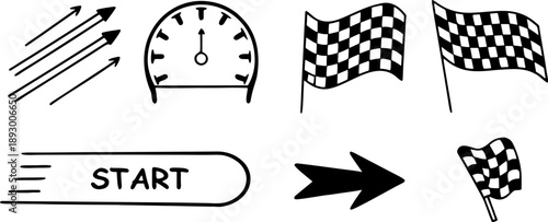 hand drawn racing icon set with arrows motion lines stopwatch start label and checkered flags symbolizing speed progress competition and finish in black and white line style