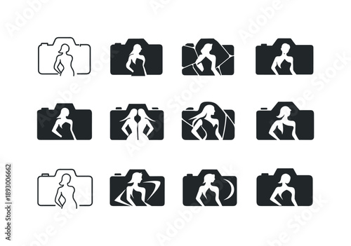 Fashion Photography Icons. Fashion photography. Icon set. Set Logo of Fashion photography: camera framing a model silhouette. harmonious logo variations of the
